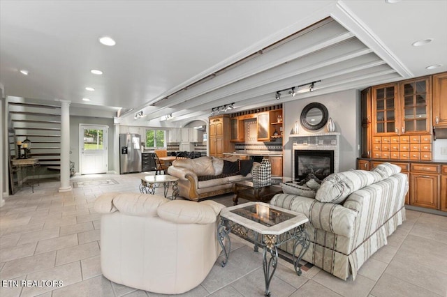 700 Shanghai Landing Ln Unit 11, Lafollette, TN 37766 - living room featuring recessed lighting, light tile patterned floors, and a fireplace