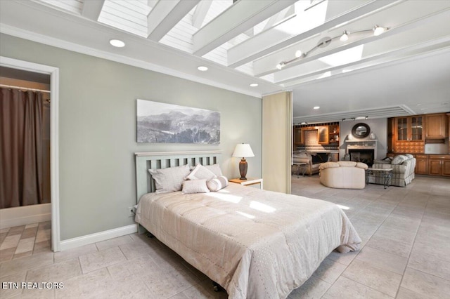 700 Shanghai Landing Ln Unit 11, Lafollette, TN 37766 - bedroom with recessed lighting, a fireplace, baseboards, ornamental molding, and a walk in closet