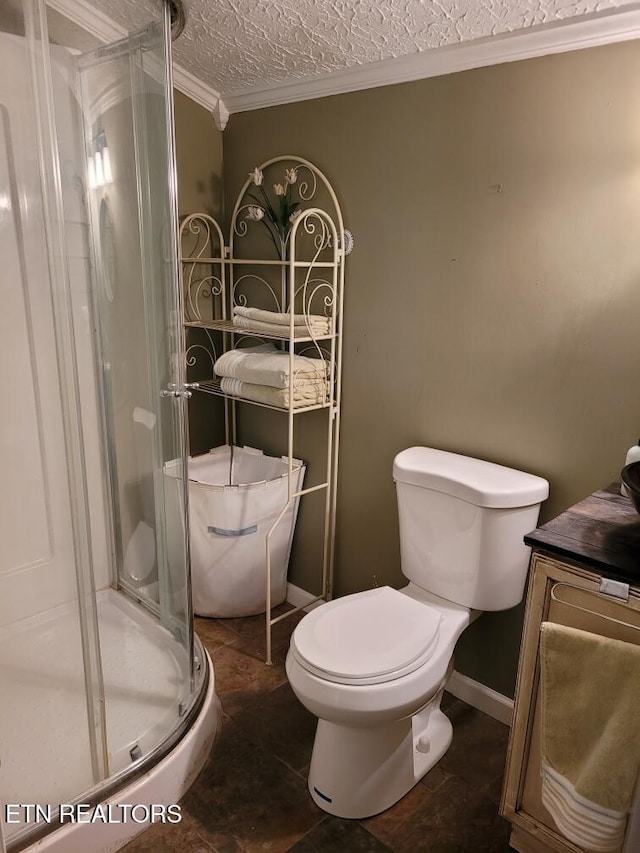 103 Renner Ln, Oliver Springs, TN 37840 - full bathroom with toilet, a stall shower, crown molding, a textured ceiling, and baseboards