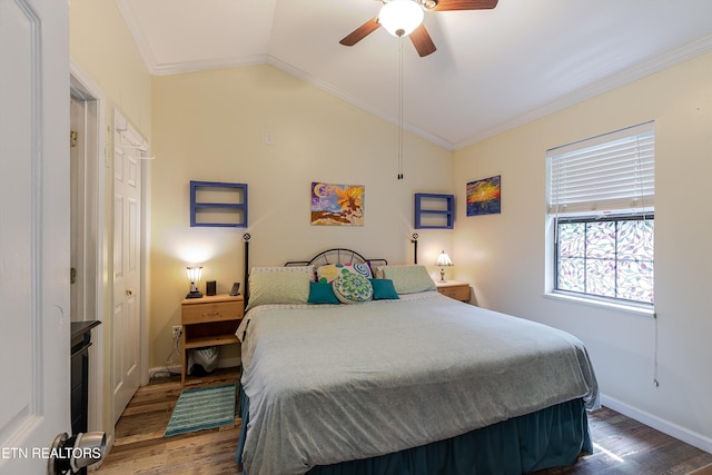103 Renner Ln, Oliver Springs, TN 37840 - bedroom featuring wood finished floors, vaulted ceiling, ornamental molding, baseboards, and ceiling fan