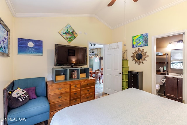 103 Renner Ln, Oliver Springs, TN 37840 - bedroom featuring vaulted ceiling, ornamental molding, ensuite bathroom, a sink, and a ceiling fan
