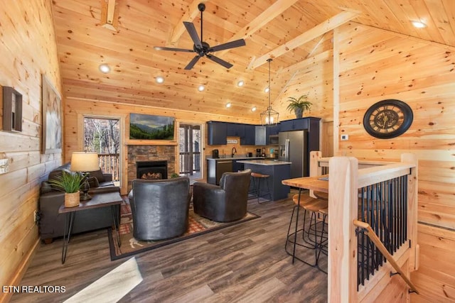 living area featuring wooden ceiling, wood walls, high vaulted ceiling, dark wood-style floors, and ceiling fan