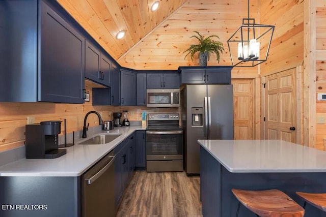 kitchen featuring appliances with stainless steel finishes, a sink, wood ceiling, light countertops, and a kitchen breakfast bar