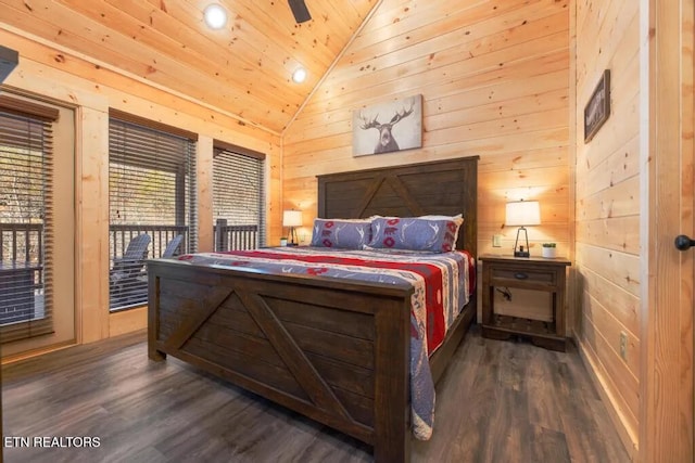 bedroom featuring vaulted ceiling, access to exterior, dark wood-type flooring, wood ceiling, and wood walls