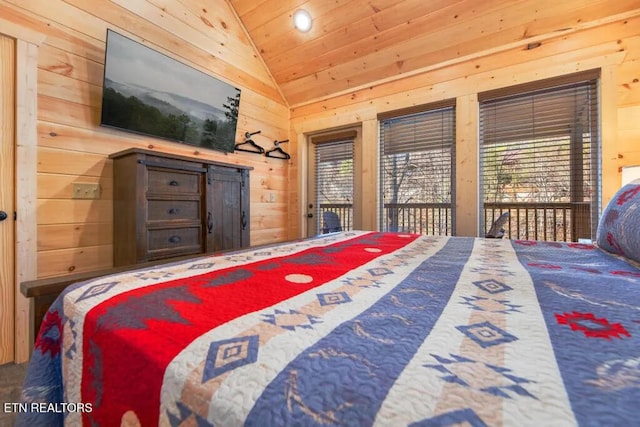 bedroom with lofted ceiling, access to outside, wood walls, wood ceiling, and recessed lighting