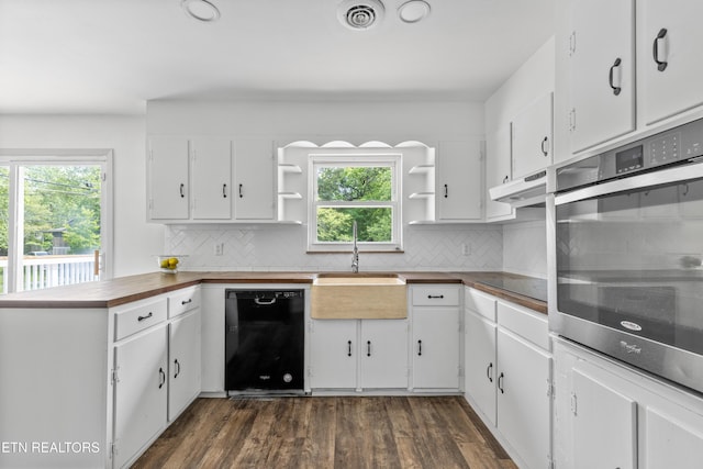 4525 Fawnie Ln, Knoxville, TN 37918 - kitchen with black appliances, open shelves, a sink, butcher block countertops, and tasteful backsplash