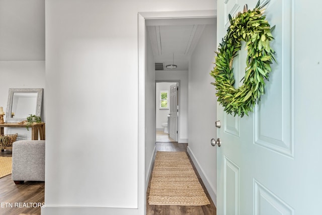 4525 Fawnie Ln, Knoxville, TN 37918 - hallway featuring attic access, dark wood-type flooring, and baseboards