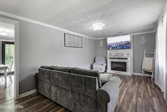 122 Mill Rd, Wartburg, TN 37887 - living room with crown molding, a fireplace with raised hearth, dark wood-style flooring, and baseboards