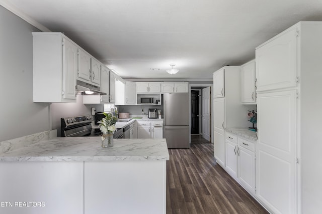 122 Mill Rd, Wartburg, TN 37887 - kitchen featuring appliances with stainless steel finishes, under cabinet range hood, a sink, a peninsula, and white cabinetry