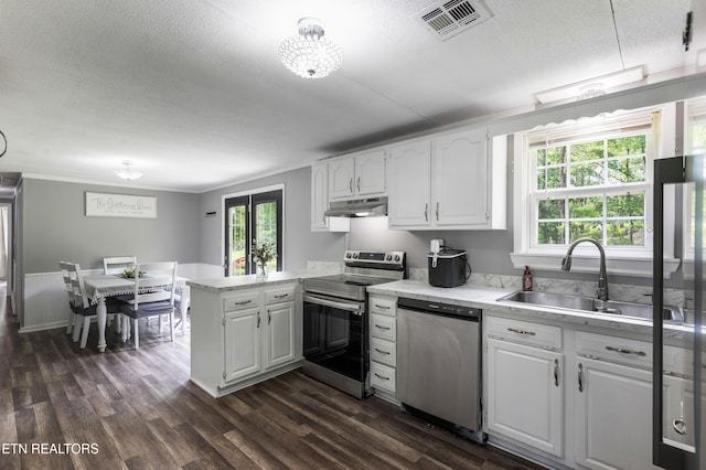 122 Mill Rd, Wartburg, TN 37887 - kitchen featuring appliances with stainless steel finishes, a sink, a peninsula, under cabinet range hood, and white cabinetry