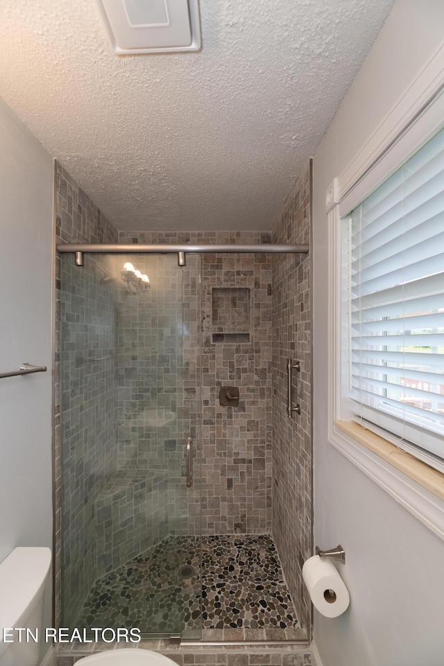 917 Swan Pond Circle Rd, Harriman, TN 37748 - bathroom featuring toilet, a shower stall, and a textured ceiling