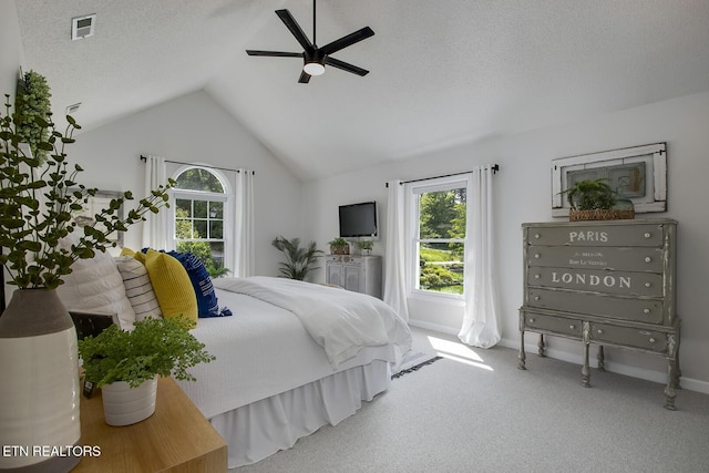 carpeted bedroom featuring multiple windows, lofted ceiling, ceiling fan, baseboards, and a textured ceiling