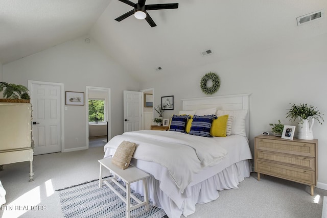 carpeted bedroom featuring high vaulted ceiling, baseboards, and ceiling fan