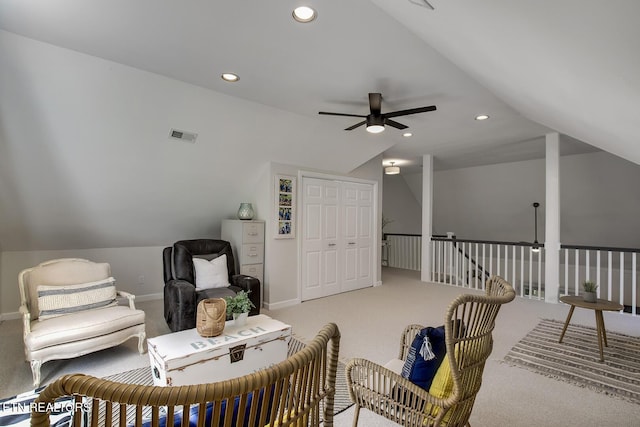 sitting room featuring ceiling fan, carpet floors, recessed lighting, vaulted ceiling, and baseboards