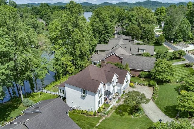 drone / aerial view of a water and mountain view