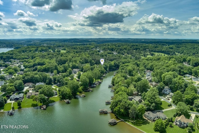 drone / aerial view of a heavily wooded area and a large body of water