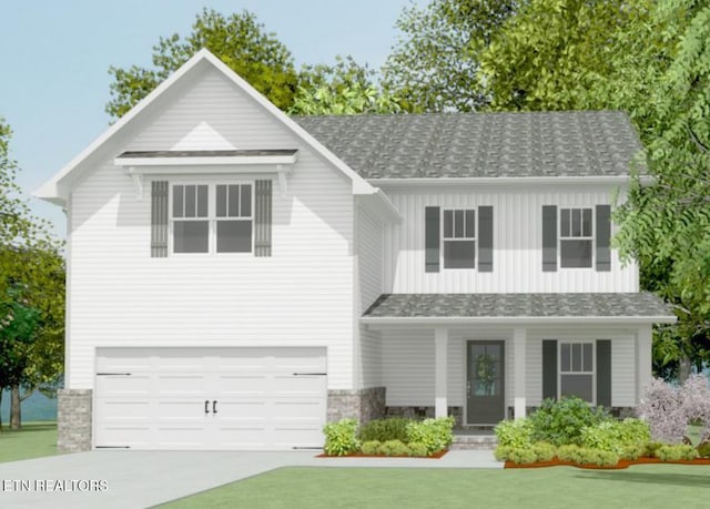 8143 Gold Bell St Lot 20, Powell, TN 37849 - view of front of house with a porch, board and batten siding, a shingled roof, concrete driveway, and an attached garage