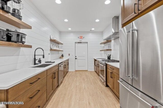 8143 Gold Bell St Lot 20, Powell, TN 37849 - kitchen featuring open shelves, high quality appliances, a sink, wall chimney range hood, and recessed lighting