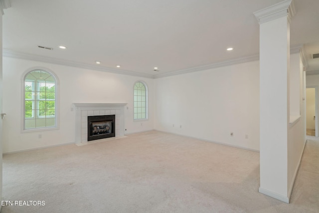 111 Devanshire Ct, Oak Ridge, TN 37830 - unfurnished living room with crown molding, carpet, a tile fireplace, recessed lighting, and baseboards