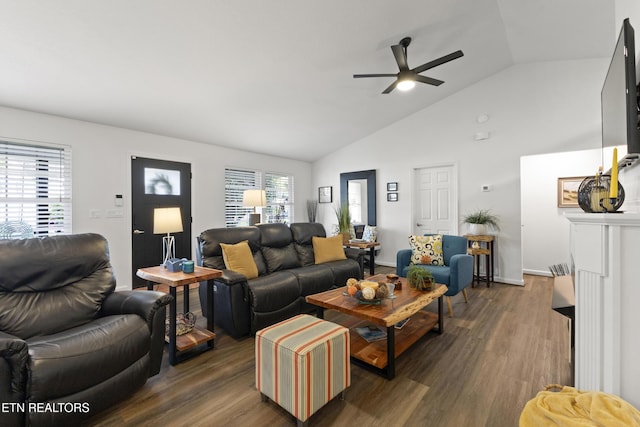 134 Jordan Dr, Caryville, TN 37714 - living area with a ceiling fan, wood finished floors, plenty of natural light, and high vaulted ceiling