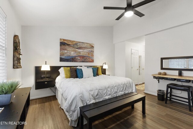 134 Jordan Dr, Caryville, TN 37714 - bedroom featuring wood finished floors, lofted ceiling, baseboards, and a ceiling fan