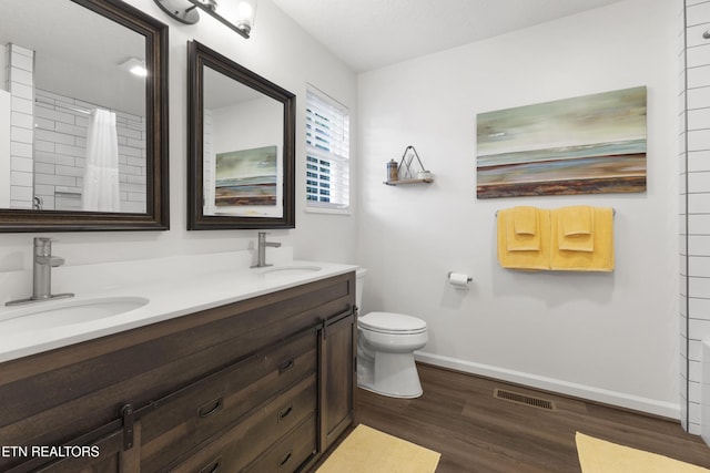 134 Jordan Dr, Caryville, TN 37714 - full bathroom featuring double vanity, wood finished floors, toilet, baseboards, and curtained shower
