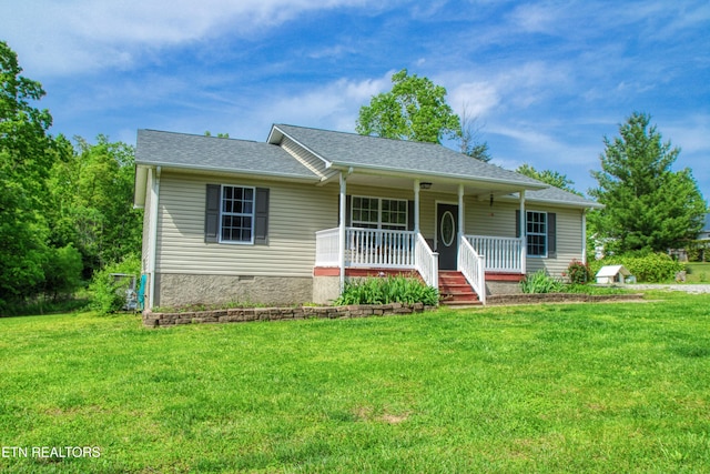 634 Robs Rd, Grimsley, TN 38565 - ranch-style house with a porch, a front yard, crawl space, and a shingled roof