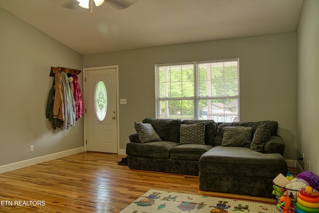 634 Robs Rd, Grimsley, TN 38565 - living area with light wood finished floors, ceiling fan, baseboards, and lofted ceiling