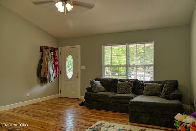 634 Robs Rd, Grimsley, TN 38565 - living area featuring a ceiling fan, wood finished floors, baseboards, and lofted ceiling