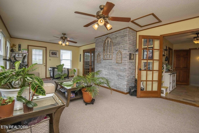 7745 Keswick Rd, Powell, TN 37849 - living room with a ceiling fan, carpet, and a textured ceiling
