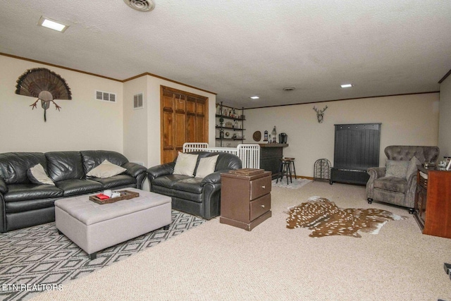 7745 Keswick Rd, Powell, TN 37849 - living room featuring ornamental molding, carpet flooring, recessed lighting, and a textured ceiling