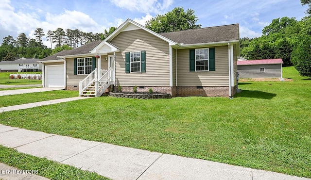 169 Claire St, Benton, TN 37307 - view of front of property with crawl space, a front lawn, driveway, roof with shingles, and an attached garage
