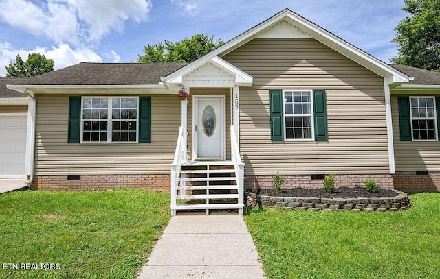 169 Claire St, Benton, TN 37307 - view of front of house with crawl space, entry steps, a front lawn, and roof with shingles