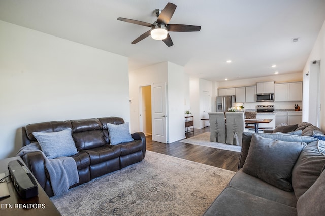 1024 Curly Top Ln, Knoxville, TN 37932 - living room featuring dark wood-type flooring, ceiling fan, recessed lighting, and baseboards