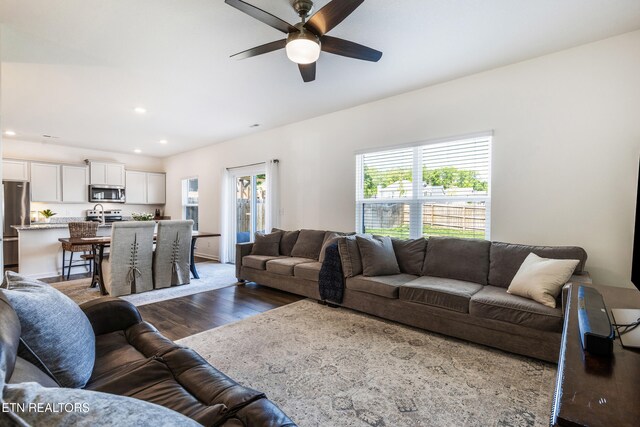 1024 Curly Top Ln, Knoxville, TN 37932 - living room with dark wood-style flooring, ceiling fan, and recessed lighting