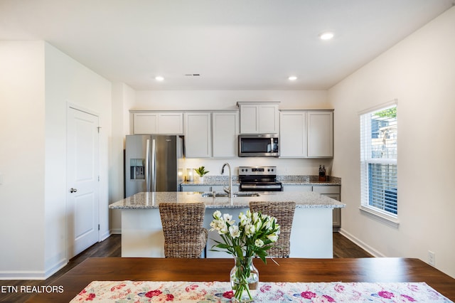 1024 Curly Top Ln, Knoxville, TN 37932 - kitchen with stainless steel appliances, a sink, a kitchen island with sink, recessed lighting, and dark wood-type flooring