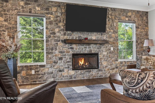 209 Fence Post Ln, Knoxville, TN 37934 - living room featuring a stone fireplace, ornamental molding, and wood finished floors