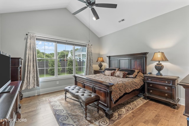 209 Fence Post Ln, Knoxville, TN 37934 - bedroom with high vaulted ceiling, wood-type flooring, baseboards, and a ceiling fan