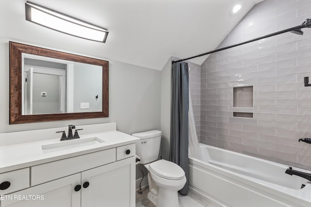 209 Fence Post Ln, Knoxville, TN 37934 - bathroom with lofted ceiling, shower / tub combo with curtain, vanity, and toilet