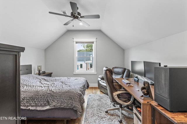 209 Fence Post Ln, Knoxville, TN 37934 - bedroom with wood finished floors, lofted ceiling, an office area, and a ceiling fan