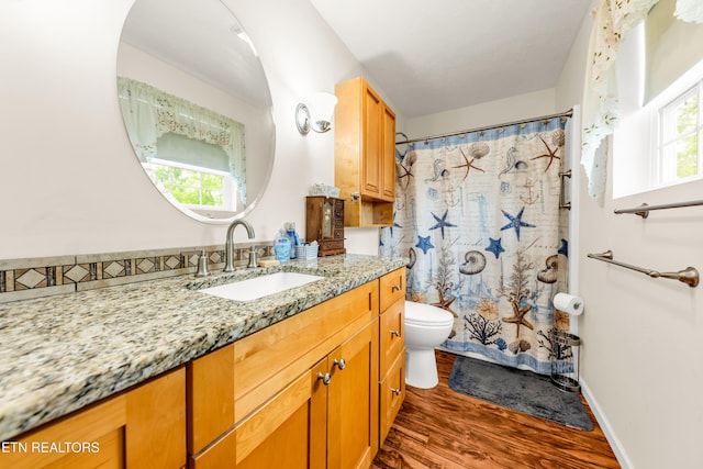 full bathroom with wood finished floors, toilet, vanity, and a shower with curtain