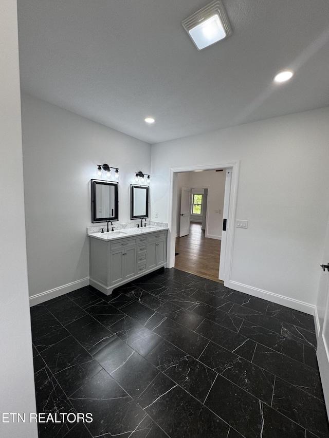 151 Clear Creek Rd, Newport, TN 37821 - bathroom featuring baseboards, double vanity, recessed lighting, and marble finish flooring