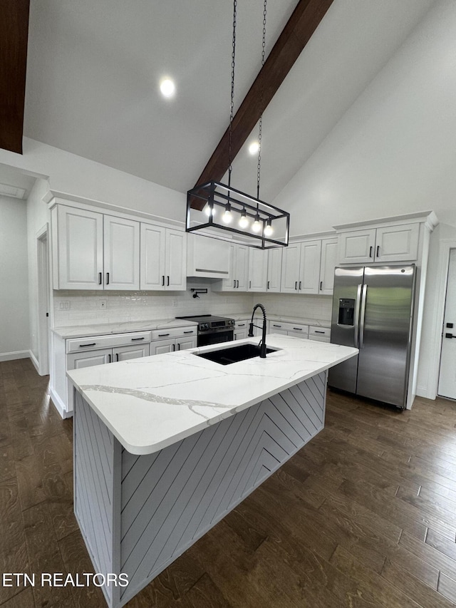 151 Clear Creek Rd, Newport, TN 37821 - kitchen with stainless steel refrigerator with ice dispenser, white cabinets, electric range oven, an island with sink, and high vaulted ceiling