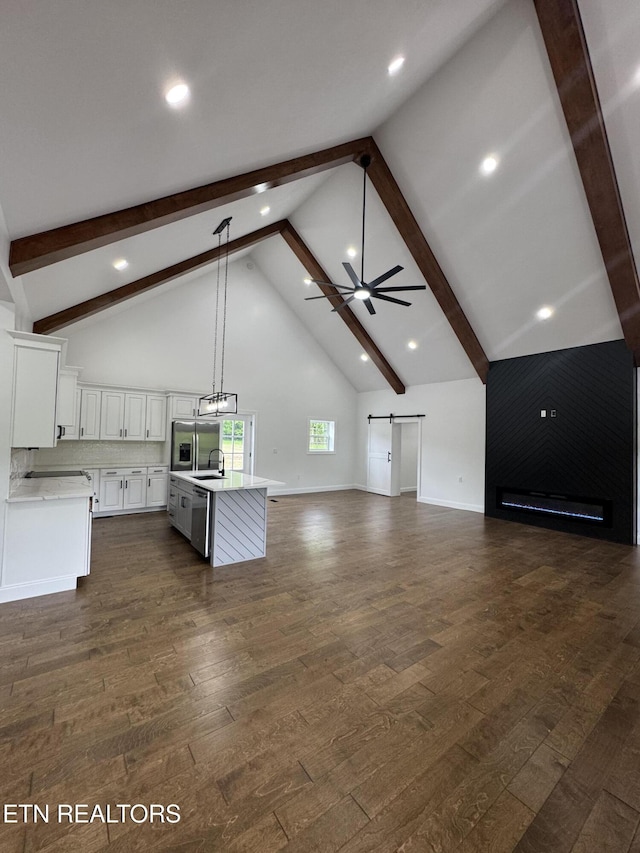 151 Clear Creek Rd, Newport, TN 37821 - additional living space with high vaulted ceiling, a sink, beam ceiling, dark wood finished floors, and a ceiling fan