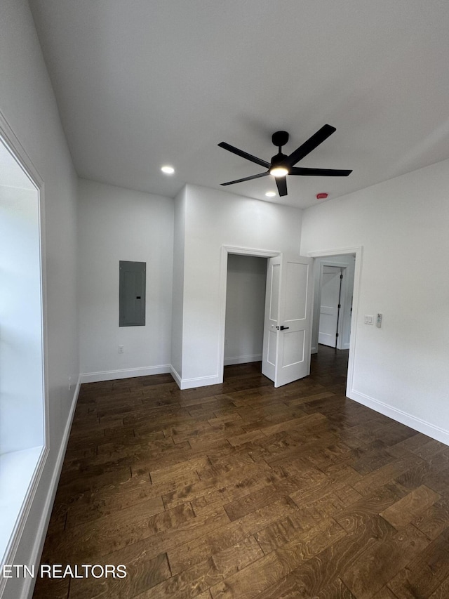 151 Clear Creek Rd, Newport, TN 37821 - unfurnished bedroom with electric panel, dark wood finished floors, baseboards, recessed lighting, and a ceiling fan