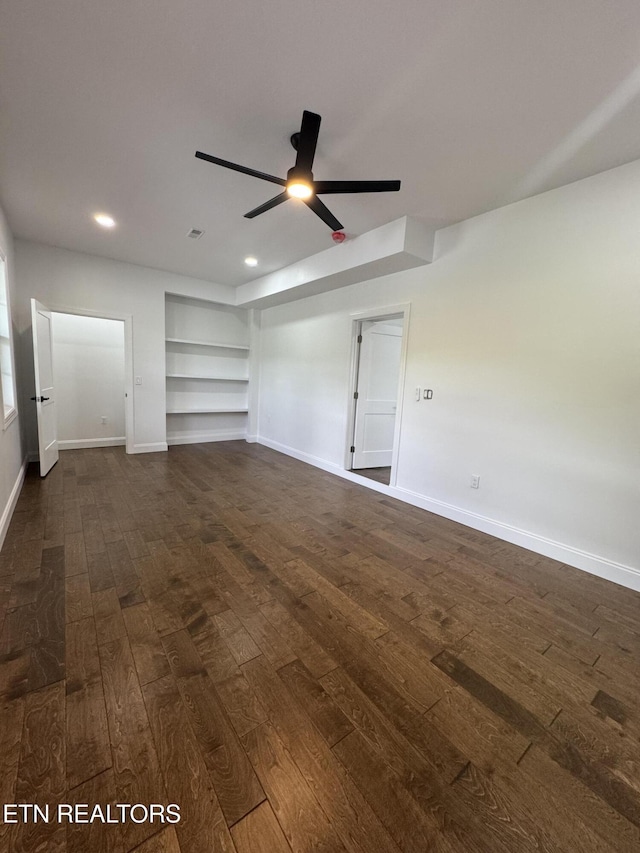 151 Clear Creek Rd, Newport, TN 37821 - unfurnished living room featuring dark wood-style floors, ceiling fan, baseboards, built in shelves, and recessed lighting
