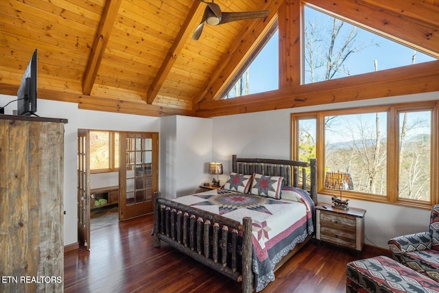 bedroom featuring hardwood / wood-style floors, beamed ceiling, high vaulted ceiling, and wood ceiling
