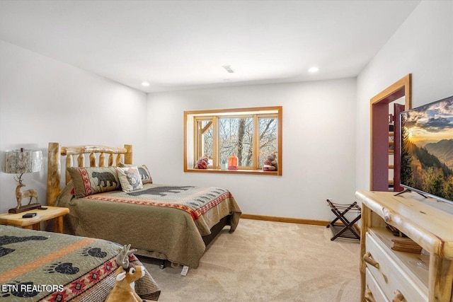 bedroom with light carpet, baseboards, and recessed lighting