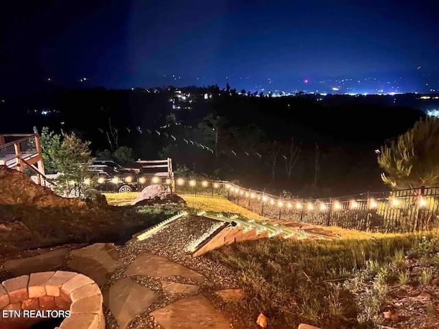 view of yard at night