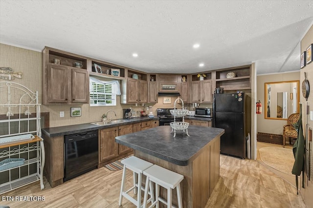 2061 Bolestown Loop, Alpine, TN 38543 - kitchen with open shelves, black appliances, a sink, dark countertops, and a textured ceiling
